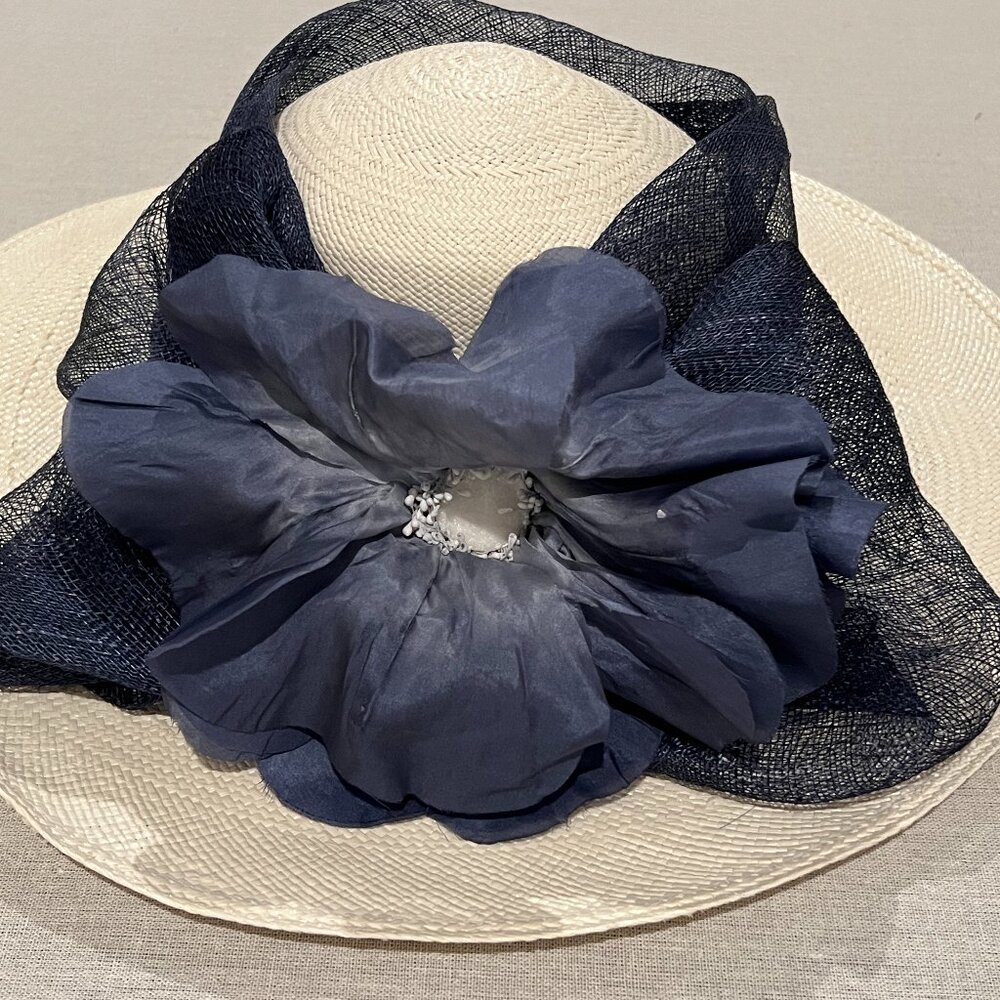 Derby Hat *Designer* White Oversized Blue Flower with White Center Blue Sinamay